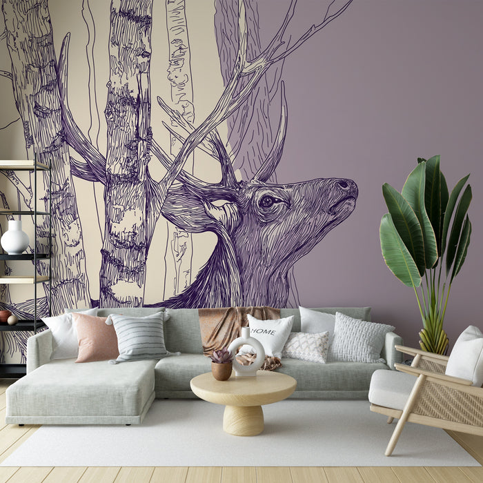 Un salon moderne avec un papier peint illustrant un cerf stylisé en noir sur un fond beige, créant une ambiance artistique et naturelle.
