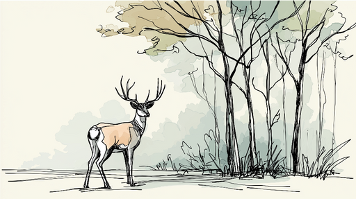 Papier peint cerf et arbres Silhouette d'un cerf élégant au milieu d'arbres esquissés