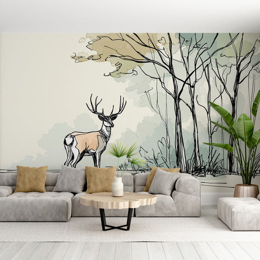 Un salon moderne avec un papier peint illustrant un cerf stylisé parmi des arbres aux teintes douces, créant une atmosphère sereine et naturelle.