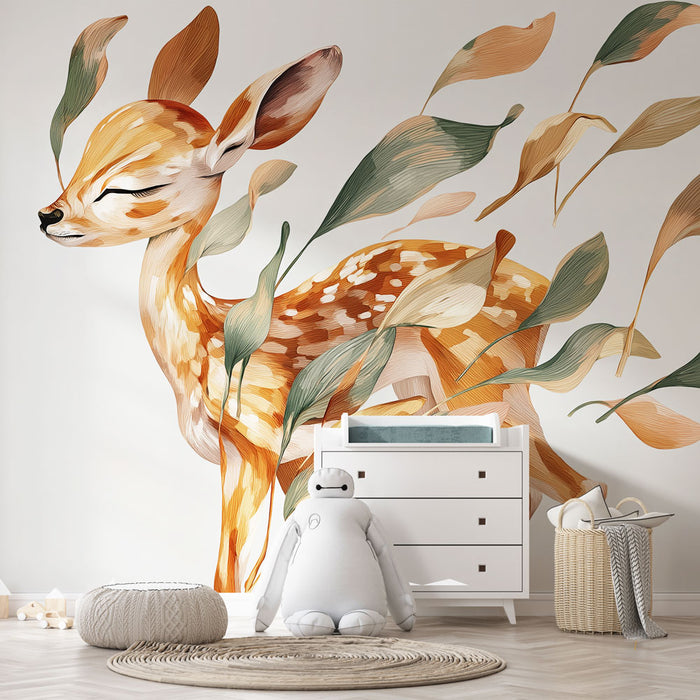 Une chambre d'enfant avec un papier peint illustrant un faon délicat entouré de feuilles stylisées, créant une ambiance douce et apaisante.