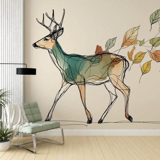 Une pièce lumineuse avec un papier peint illustrant un cerf en lignes fluides et des feuilles colorées, créant une ambiance artistique et naturelle.
