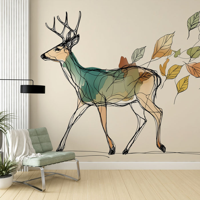 Une pièce lumineuse avec un papier peint illustrant un cerf en lignes fluides et des feuilles colorées, créant une ambiance artistique et naturelle.