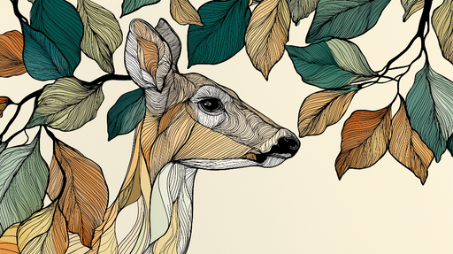 Papier peint cerf et feuillage Un délicat mélange de cerf stylisé et de feuillage coloré