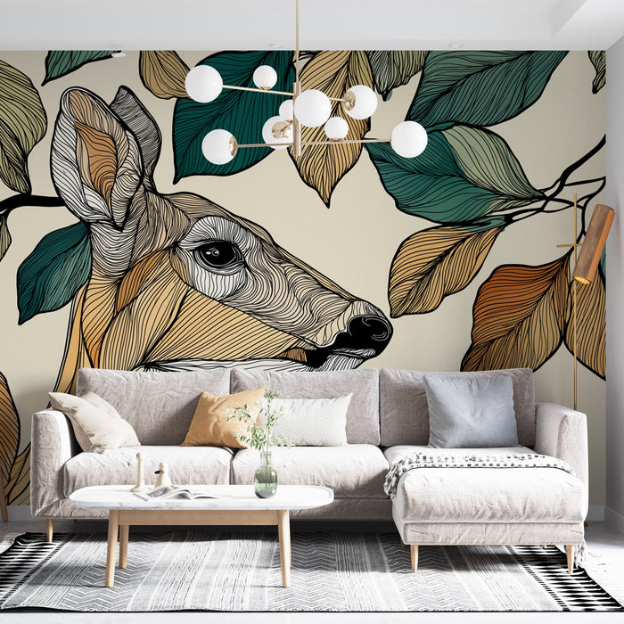 Un salon moderne avec un papier peint illustrant la tête d'un cerf stylisé entouré de feuilles colorées, créant une ambiance artistique et naturelle.