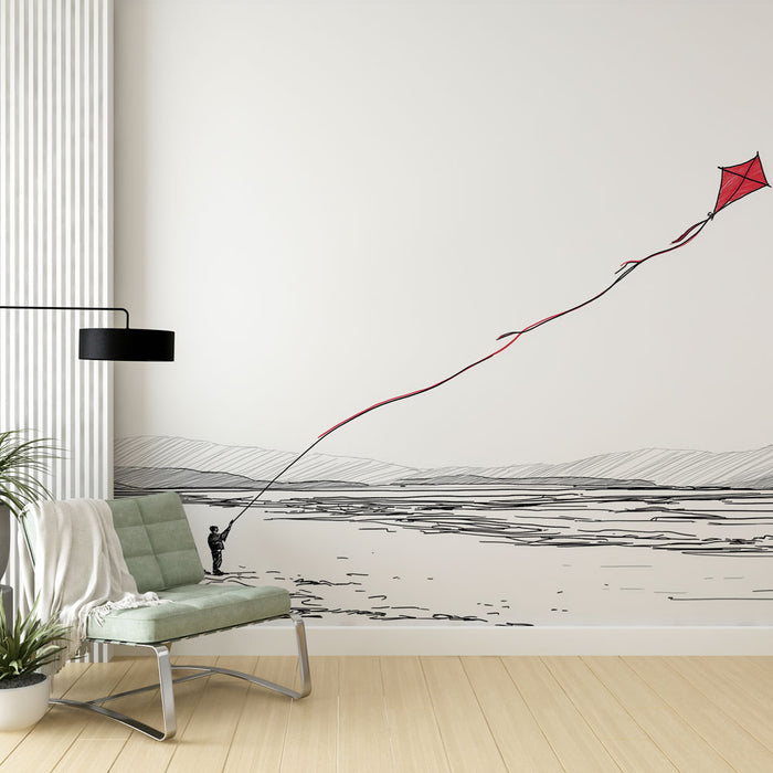 Une pièce moderne avec un papier peint illustrant un enfant tenant une cerf-volant rouge, créant une ambiance ludique et poétique.