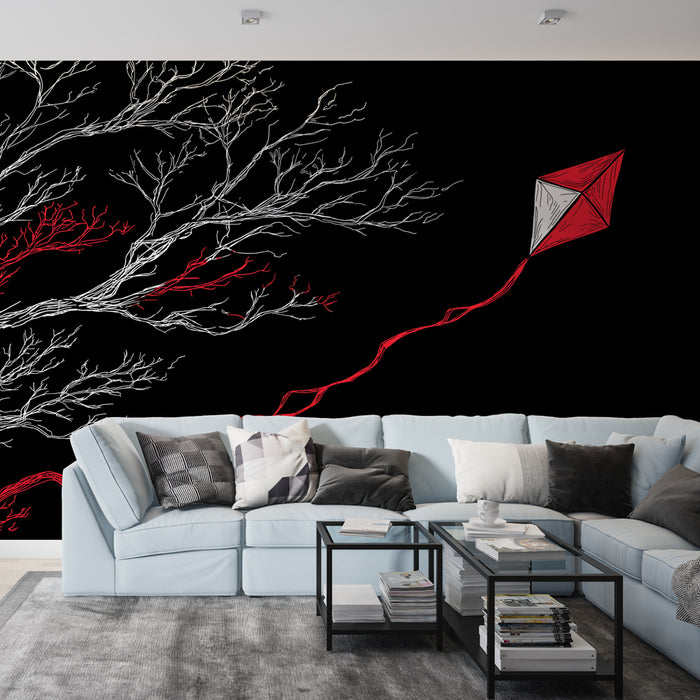 Un salon contemporain avec un papier peint artistique représentant des branches blanches et rouges sur fond noir, créant une atmosphère à la fois dynamique et élégante.