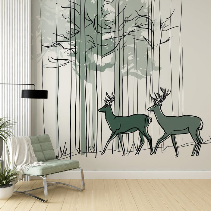 Une pièce moderne avec un papier peint illustrant des cerfs stylisés en vert, se déplaçant parmi des arbres esquissés, créant une ambiance naturelle et apaisante.