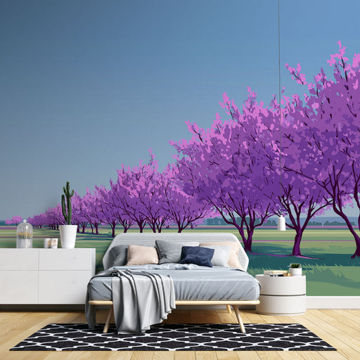 Une chambre moderne avec un papier peint représentant une rangée d'arbres en fleurs violets sous un ciel bleu, créant une ambiance sereine et printanière.