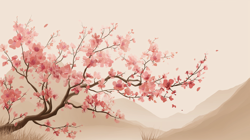 Papier peint cerisier en fleurs Branches délicates avec des blossoms roses sur fond neutre