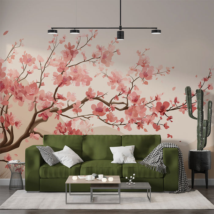 Un salon moderne avec un papier peint représentant des branches de cerisier en fleurs dans des tons roses, créant une atmosphère douce et apaisante.