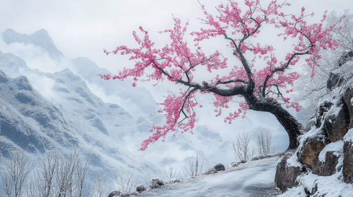 Papier peint cerisier en fleurs Cerisier rose émergeant d'un paysage enneigé