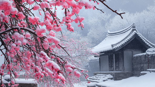 Papier peint cerisier en fleurs Cerisiers roses sous la neige