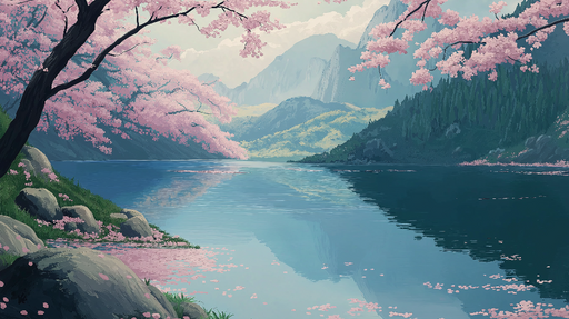 Papier peint cerisier en fleurs Scène sereine d'un lac entouré d'arbres en fleurs