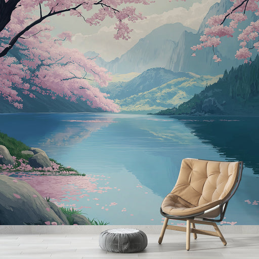 Une pièce lumineuse avec un papier peint représentant un paysage serein de cerisiers en fleurs au bord d'un lac, évoquant une atmosphère paisible et apaisante.