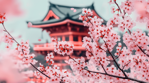 Papier peint cerisier Fleurs de cerisier en fleurs avec un pavillon