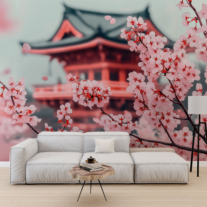 Papier peint cerisier | Fleurs de cerisier en fleurs avec un pavillon
