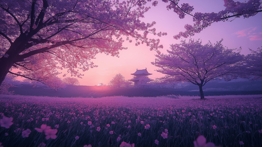 Papier peint cerisier Paysage féerique de cerisiers en fleurs au coucher de soleil