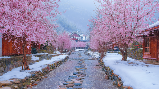 Papier peint cerisier Route paisible bordée de cerisiers en fleurs sous la neige