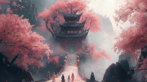 Papier peint cerisiers en fleurs Paysage enchanteur de temple sous des cerisiers roses