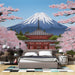 Une chambre moderne avec un papier peint représentant un paysage japonais, incluant le mont Fuji, un temple rouge et des cerisiers en fleurs, créant une atmosphère sereine et poétique.