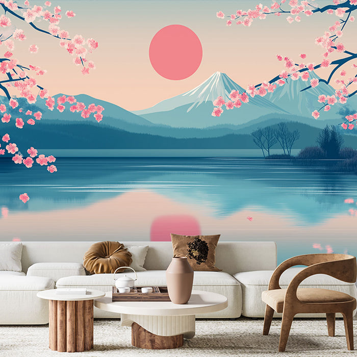 Un salon moderne avec un papier peint représentant un paysage japonais apaisant, avec des cerisiers en fleurs, un mont enneigé et un soleil rose.