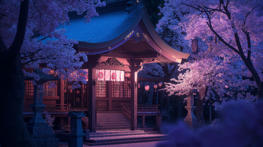 Papier peint cerisiers en fleurs Temple illuminé sous les cerisiers nocturnes