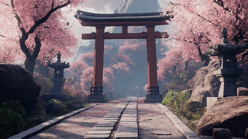 Papier peint cerisiers en fleurs Un chemin enchanteur sous un torii traditionnel