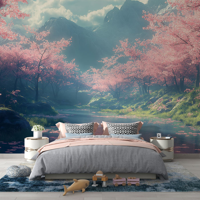 Une chambre apaisante avec un papier peint représentant un paysage enchanteur de cerisiers en fleurs, créant une atmosphère sereine et romantique.