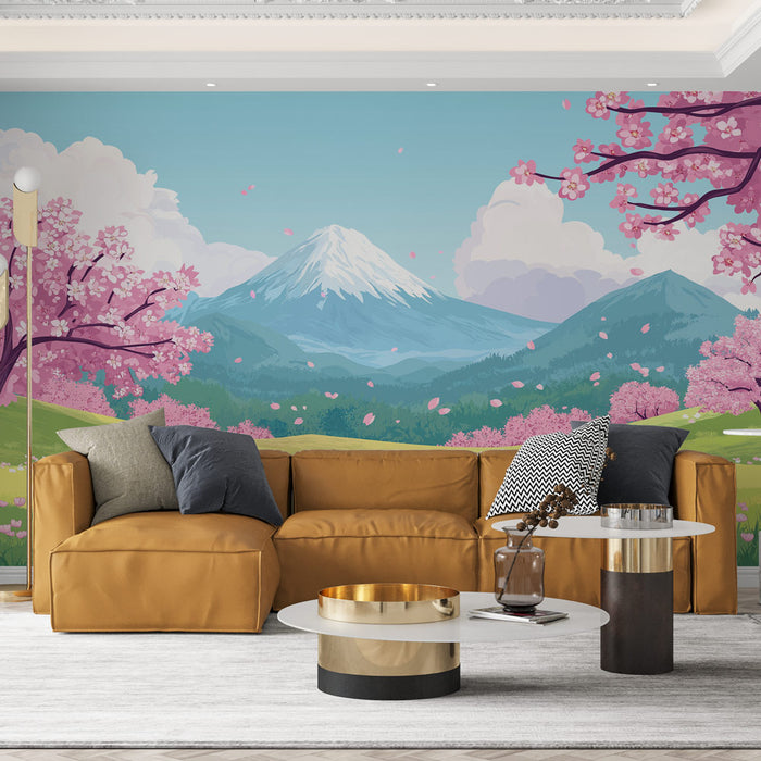 Un salon contemporain avec un papier peint représentant un paysage montagneux apaisant, orné de cerisiers en fleurs et d'un ciel bleu clair.
