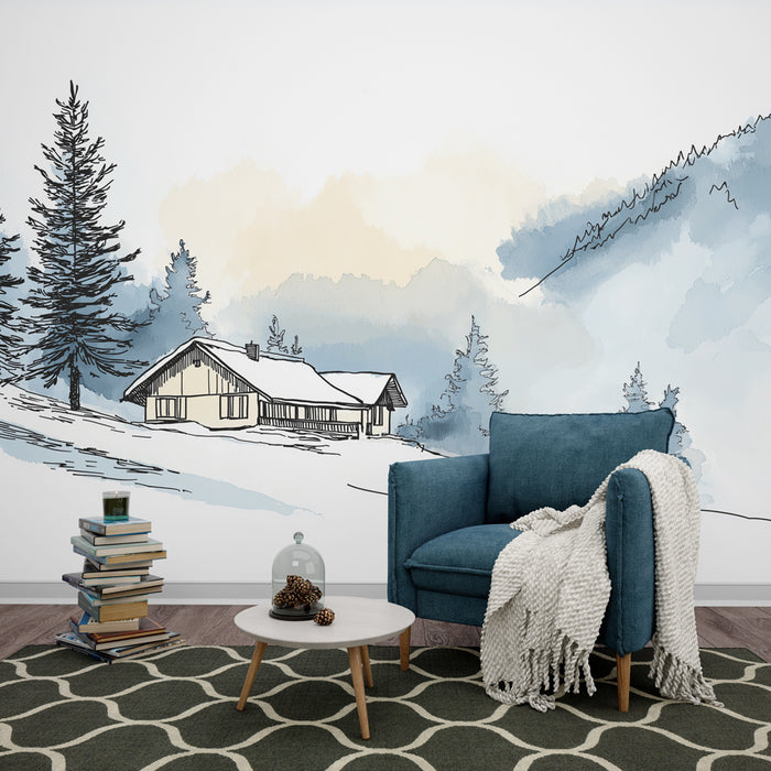 Une pièce moderne avec un papier peint aquarelle représentant un chalet en montagne, dégageant une atmosphère paisible et hivernale.