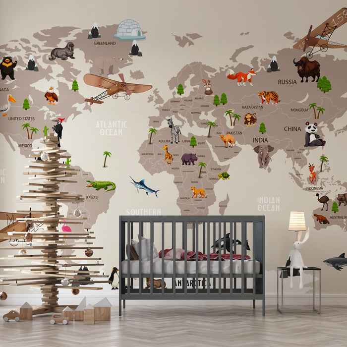 Papier peint carte du monde | Animaux, avions et continents pour enfants