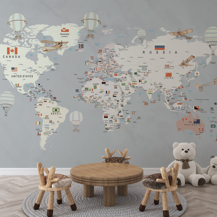 Papier peint carte du monde | Design vintage avec montgolfières