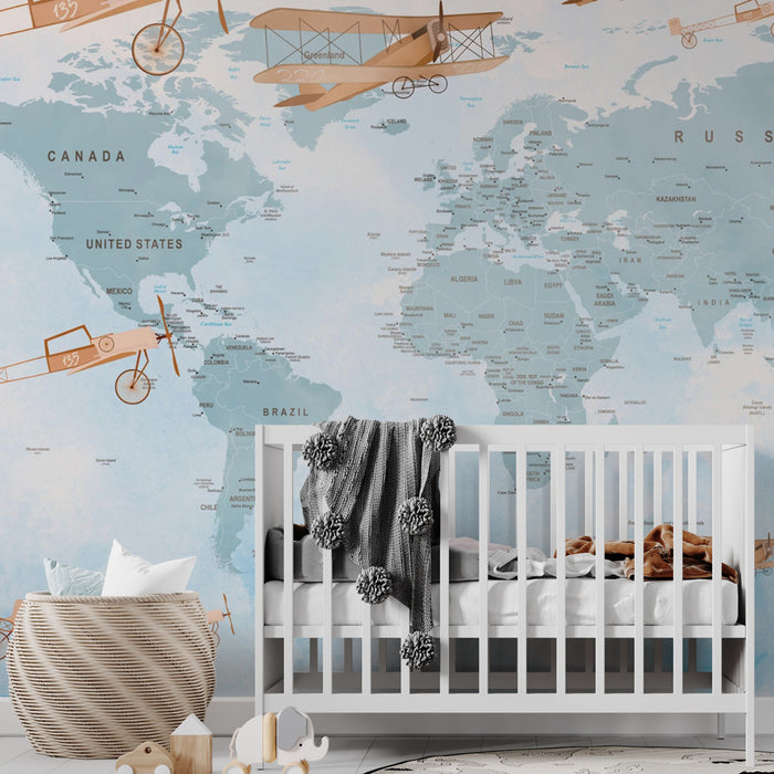 Papier peint carte du monde | Avions rétro et couleurs douces