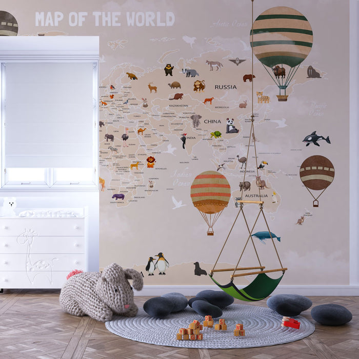 Papier peint carte du monde | Décoration éducative avec animaux et montgolfières