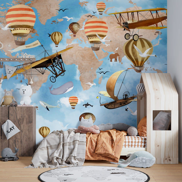 Papier Peint Chambre Enfant 360x250 cm 3D Effet Montgolfière Ciel Oiseaux  Avions Pandas Animaux pour Garçon Fille Papier Peint - Cdiscount Bricolage