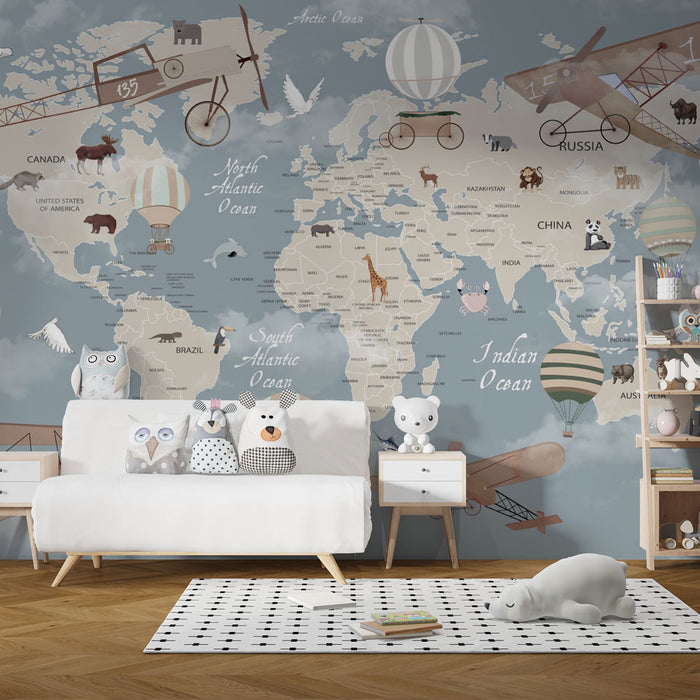 Papier peint carte du monde | Aventure aérienne avec montgolfières et avions