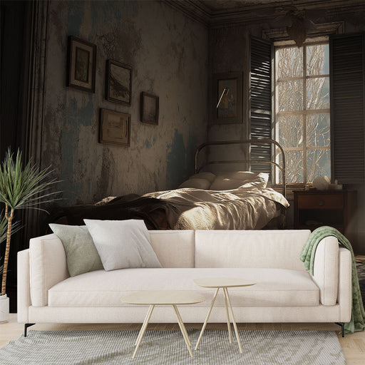 Une chambre au style vintage avec un papier peint texturé aux teintes délavées, créant une atmosphère nostalgique et chaleureuse.