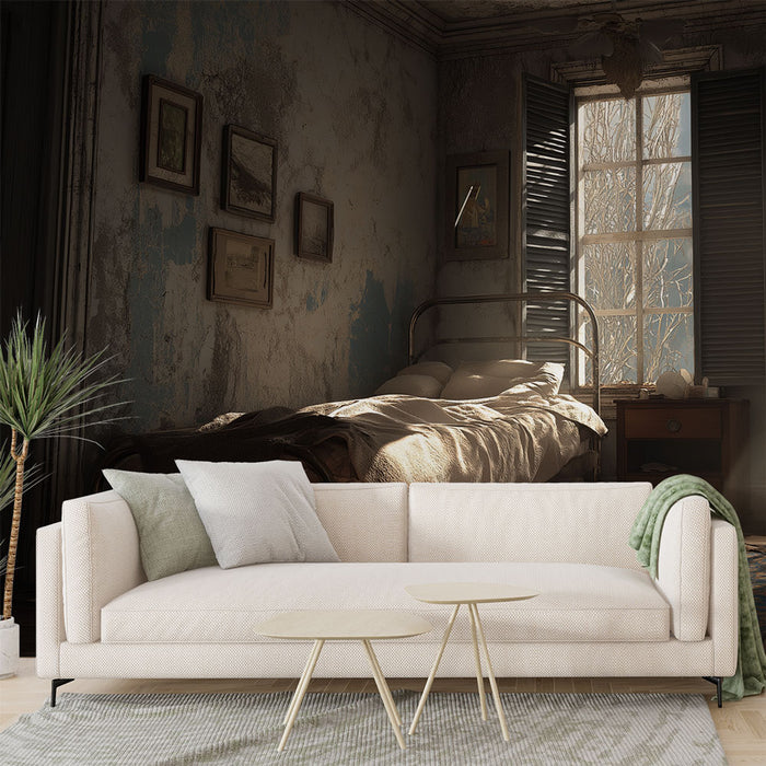 Une chambre au style vintage avec un papier peint texturé aux teintes délavées, créant une atmosphère nostalgique et chaleureuse.