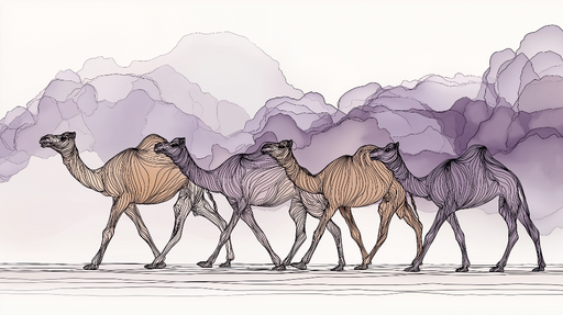 Papier peint chameaux Camels stylisés sur un fond nuageux pastel
