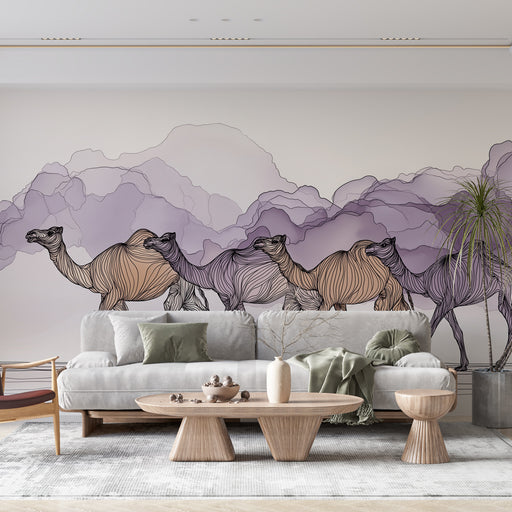 Un salon moderne avec un papier peint illustrant des chameaux stylisés sur fond de montagnes pastel, créant une ambiance artistique et apaisante.