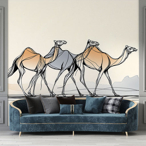 Un salon élégant avec un papier peint artistique représentant des chameaux stylisés en lignes noires et teintes douces, créant une ambiance moderne et apaisante.