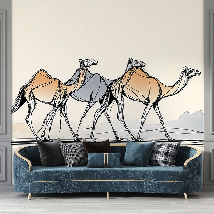 Un salon élégant avec un papier peint artistique représentant des chameaux stylisés en lignes noires et teintes douces, créant une ambiance moderne et apaisante.