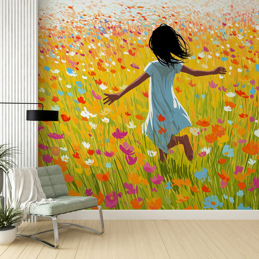 Une chambre lumineuse avec un papier peint floral vibrant représentant un champ de fleurs colorées, évoquant une atmosphère joyeuse et pleine de vie.