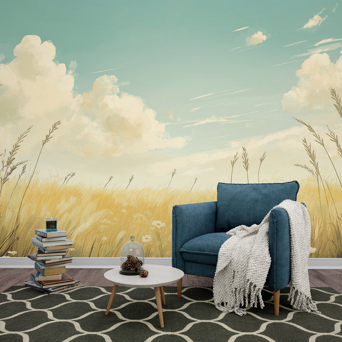 Papier peint champêtre | Paysage de blé et fleurs sous un ciel ensoleillé