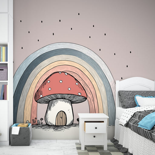 Une chambre enfantine avec un papier peint illustrant un champignon sous un arc-en-ciel pastel, créant une ambiance ludique et imaginative.