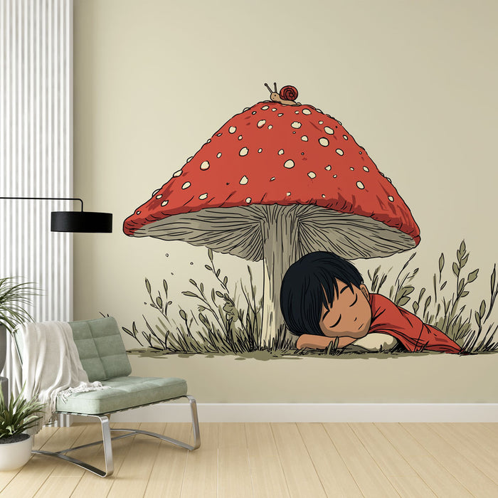 Une chambre enfantine avec un papier peint illustratif représentant un champignon rouge et un enfant endormi, créant une atmosphère douce et féerique.