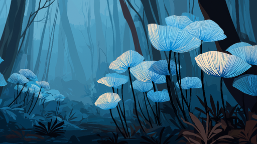 Papier peint champignons bleus Fleurs délicates sur fond nocturne