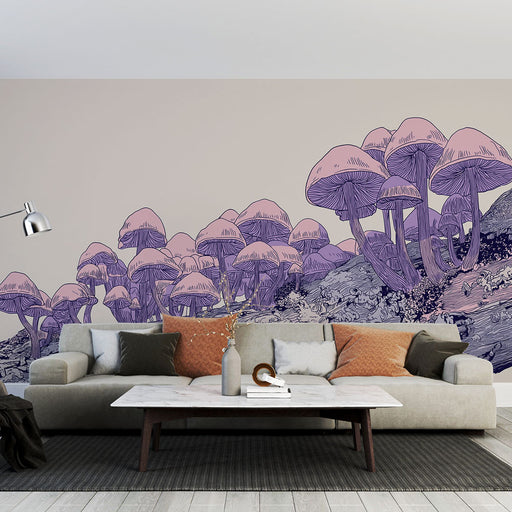 Un salon moderne avec un papier peint illustrant des champignons aux teintes rose et violet sur un fond clair, créant une atmosphère artistique et originale.