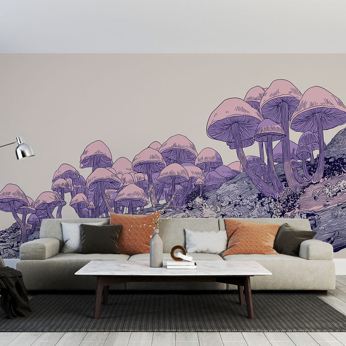 Un salon moderne avec un papier peint illustrant des champignons aux teintes rose et violet sur un fond clair, créant une atmosphère artistique et originale.