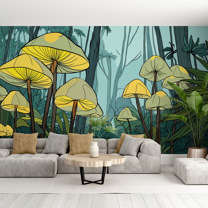 Un salon moderne avec un papier peint illustrant de grands champignons jaunes sur fond vert et bleu, créant une atmosphère naturelle et apaisante.